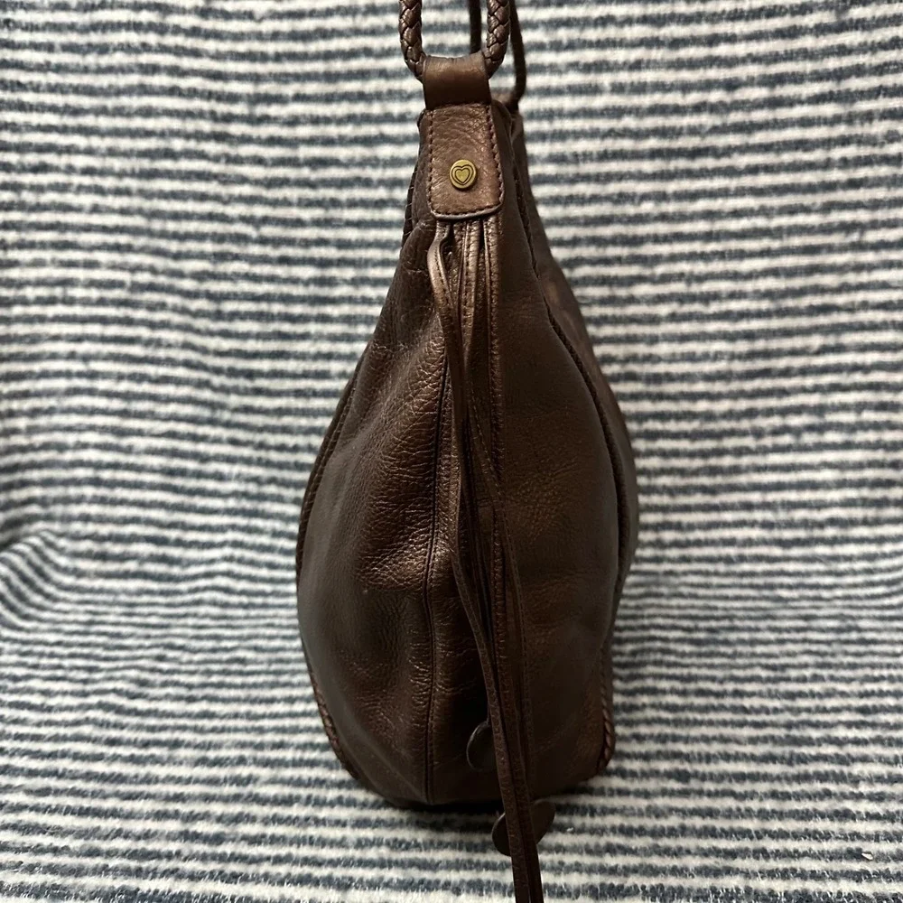 LOVCAT Brown‎ Metallic Leather Zip Hobo Shoulder Bag Fringed Sides